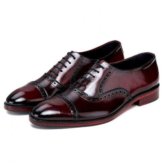 CHAMARIPA أحذية رجالية تضيف الطول - أحذية كلاسيكية مصنوعة يدويًا من أكسفورد - نبيذ أحمر - 7 سم أطول