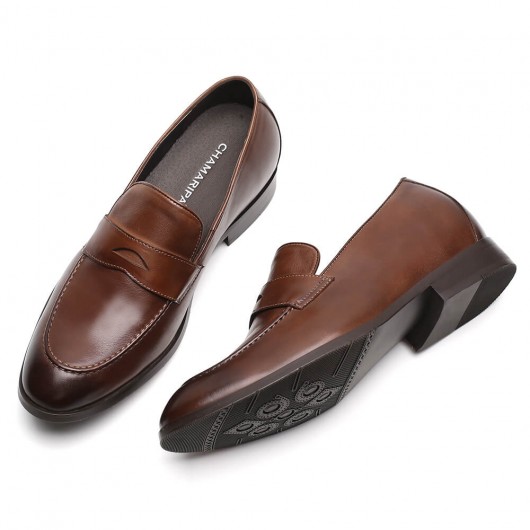 Chamaripa height increasing slip on shoes brown men's elevator shoes calfskin penny loafers 7CM / 2.76 Inches