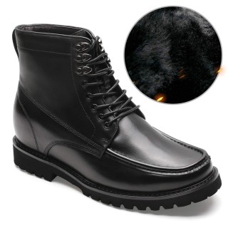 Chamaripa height increasing Boots for Men Black Leather Hidden Heel Boot Fur Lined Warm Winter Boots 9CM / 3.54 Inches