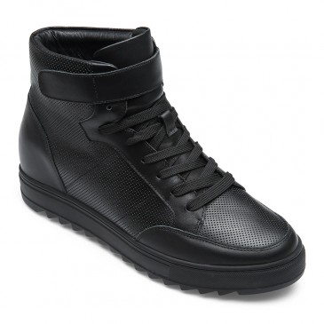 CHAMARIPA أحذية رياضية لزيادة الطول - أحذية رياضية جلدية للرجال برقبة عالية - أسود - ارتفاع 7 سم