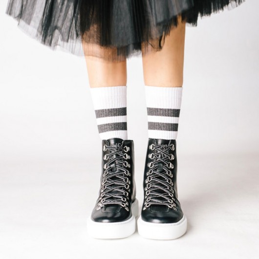 CHAMARIPA sneakers con zeppa in pelle nero - donna scarpe per alzare statura - stivali da ginnastica alti con rialzo interno 7CM