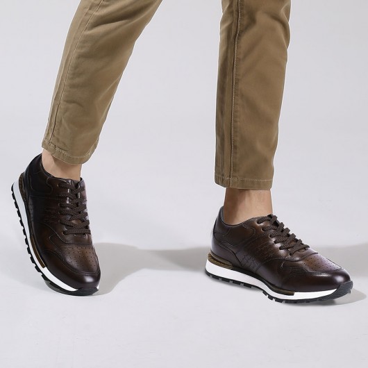 scarpe rialzate uomo - scarpe uomo con rialzo - sneakers rialzate in pelle di vitello marrone - 7CM più alte