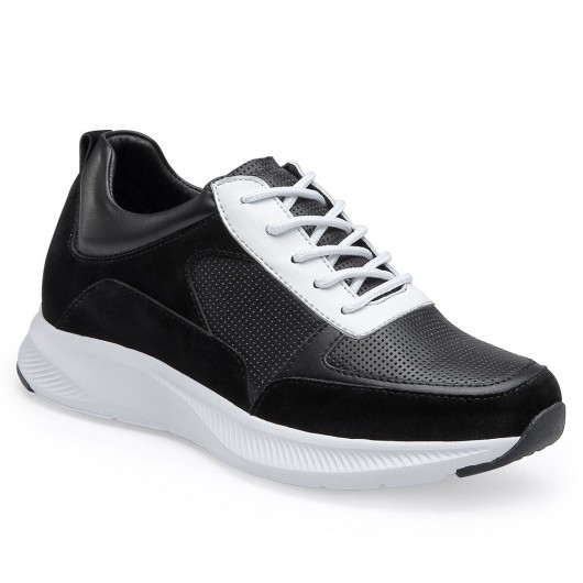 CHAMARIPA scarpe con rialzo interno donna - scarpe da tennis con zeppa- sneakers rialzate in pelle nera donna 7CM