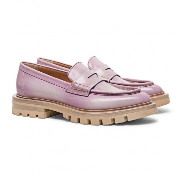 scarpe con rialzo donna - scarpe donna con rialzo interno - scarpe da barca da donna in pelle lavanda lilla invecchiata 7 CM