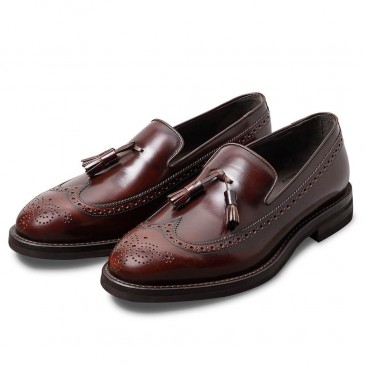 Chamaripa scarpe con rialzo interno scarpe rialzate mocassini con nappine brogue in vitello brunito vino rosso 7CM
