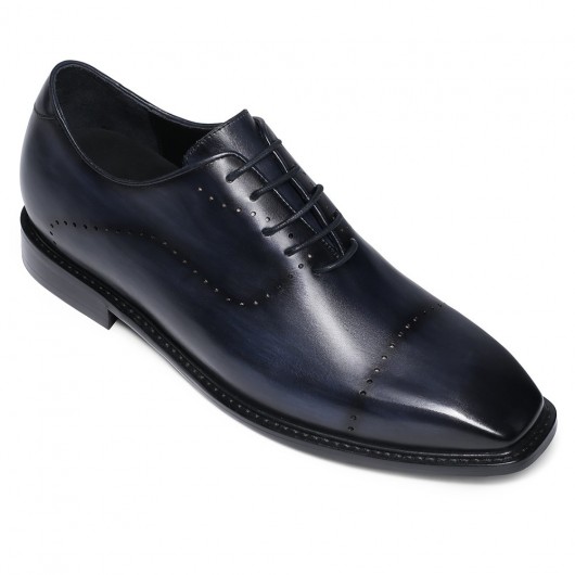 Height Increasing Dress Shoes For Men - Blue Leather Hand Painted Wholecut Oxfords Shoes Add Height 2.36 Inches Taller