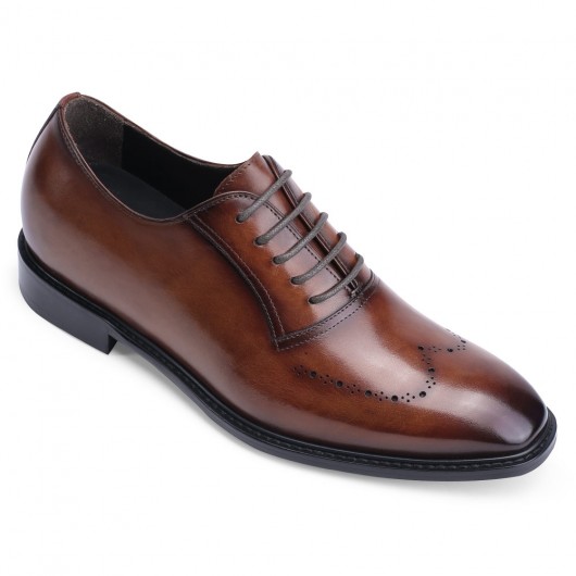  Tall Mens Formal Shoes With Lifts - Brown Hand Painted Leather Oxfords Shoes With Height 2.76inches Taller