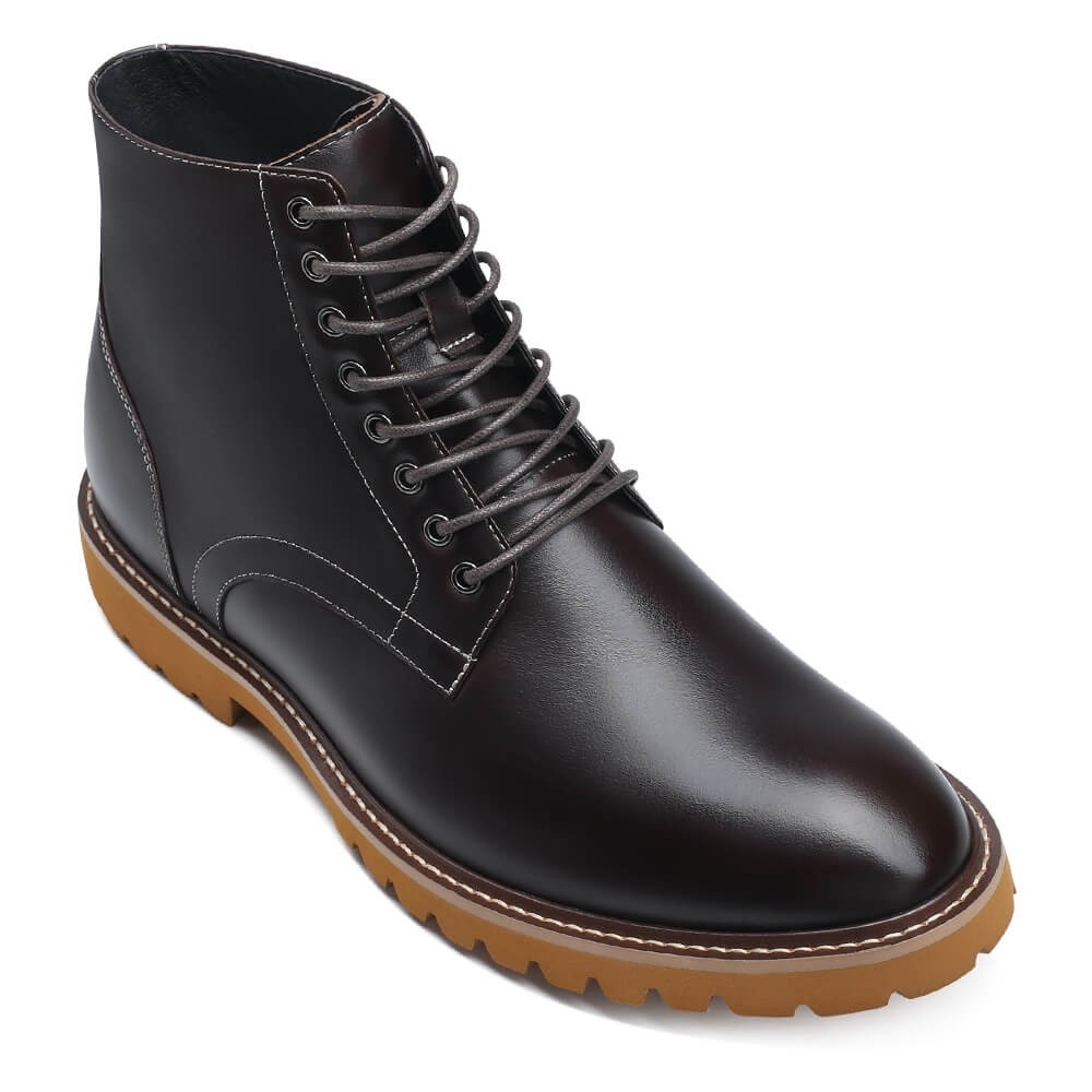 Mens Elevator Boots - Mens Elevator Work Boots - Coffee Leather Boots 2.76 Inches