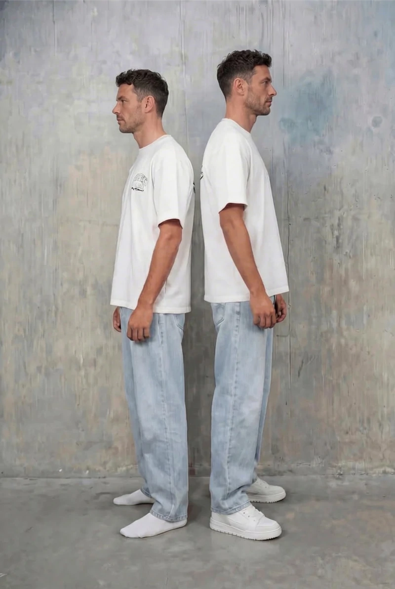Een vergelijkingsafbeelding laat zien dat de man langer lijkt na het dragen van Chamaripa sneakers.